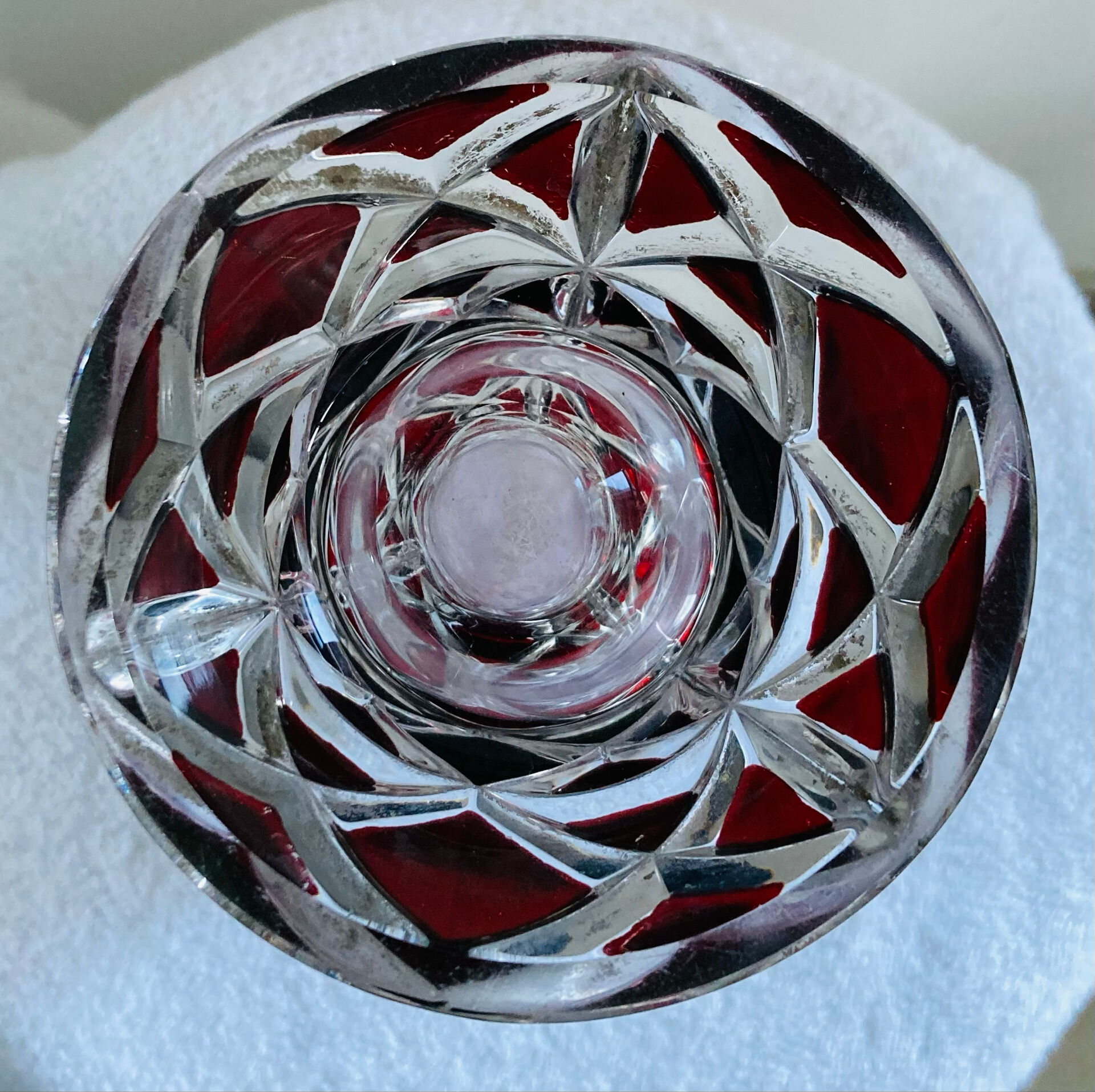 Antique bohemian crystal vase from the mid-20th century in bacara style.