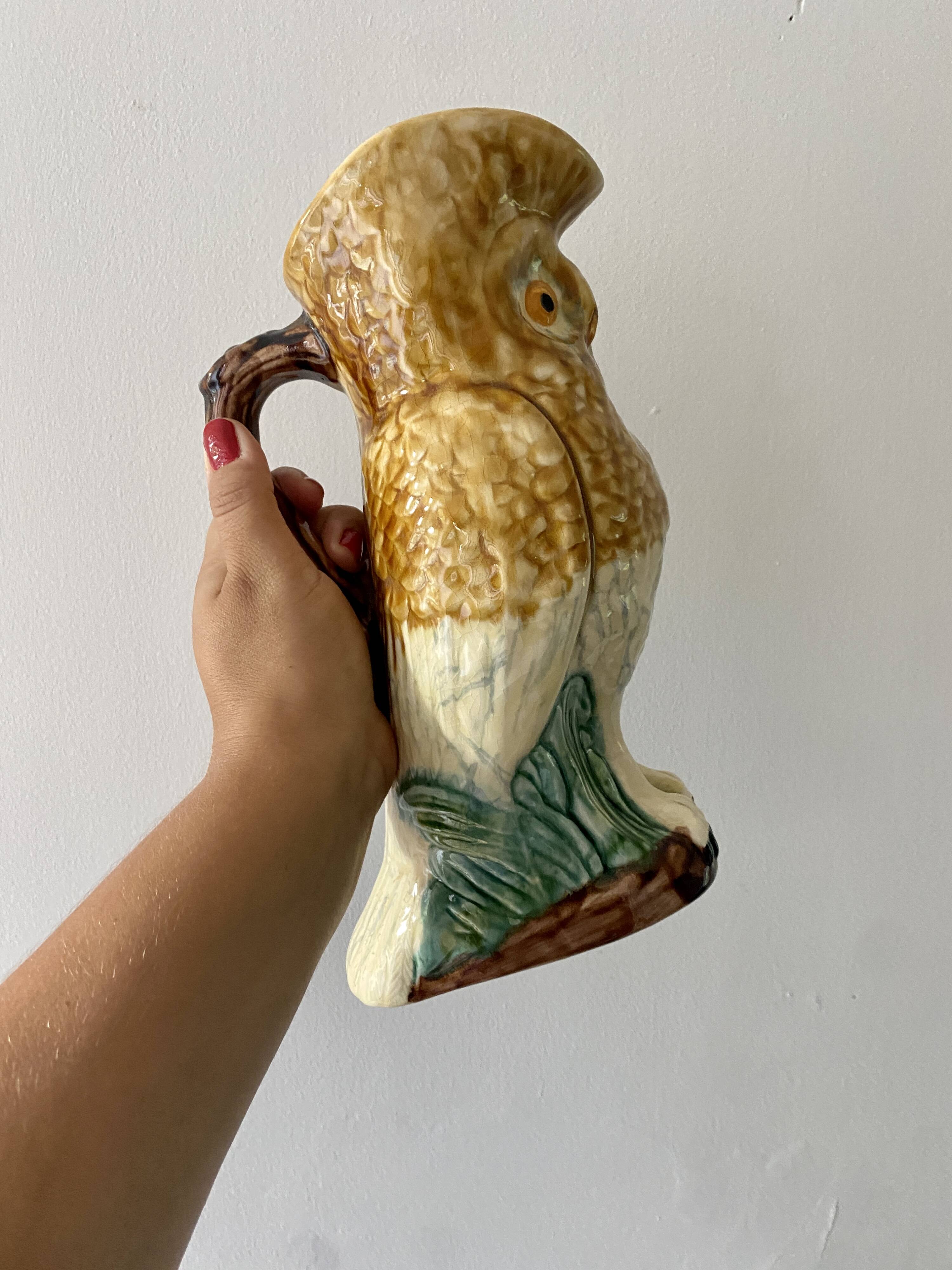 Pichet - carafe vintage en barbotine en forme de hiboux