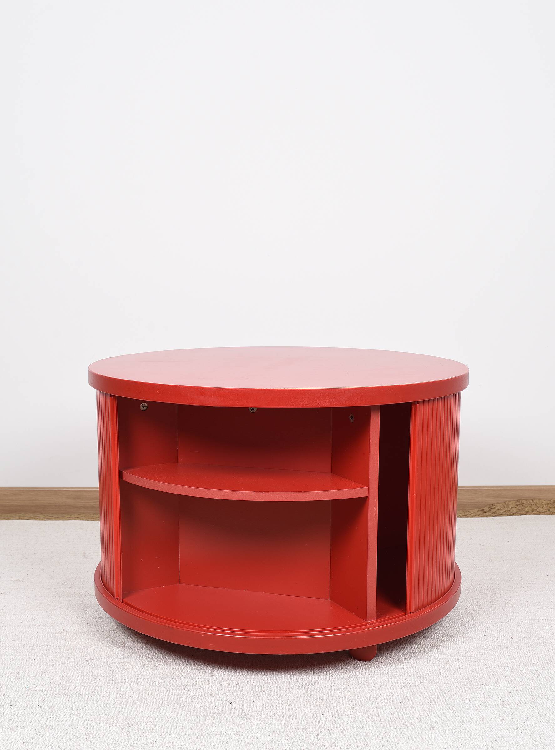 vintage ikea table, with storage shelves inside and sliding doors