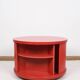 vintage ikea table, with storage shelves inside and sliding doors
