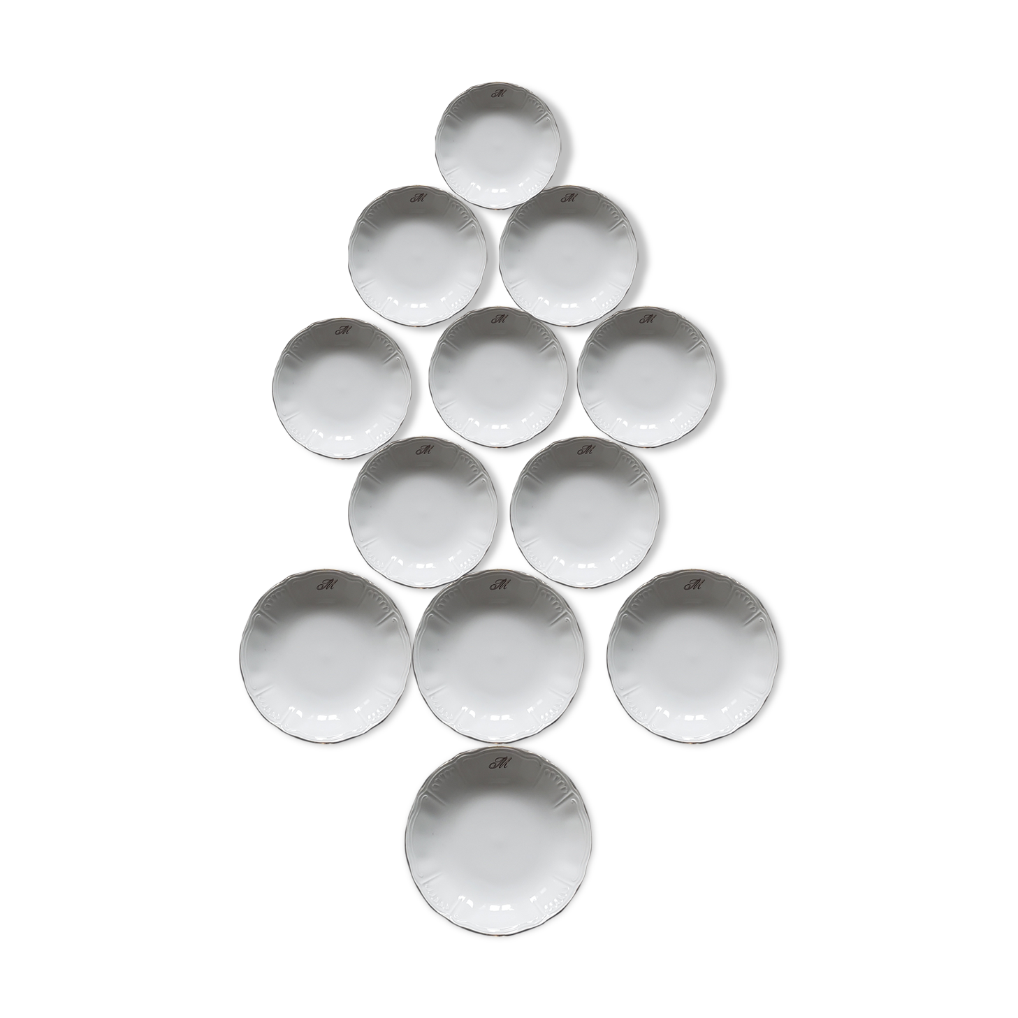 12 assiettes creuses blanches initiales dorées