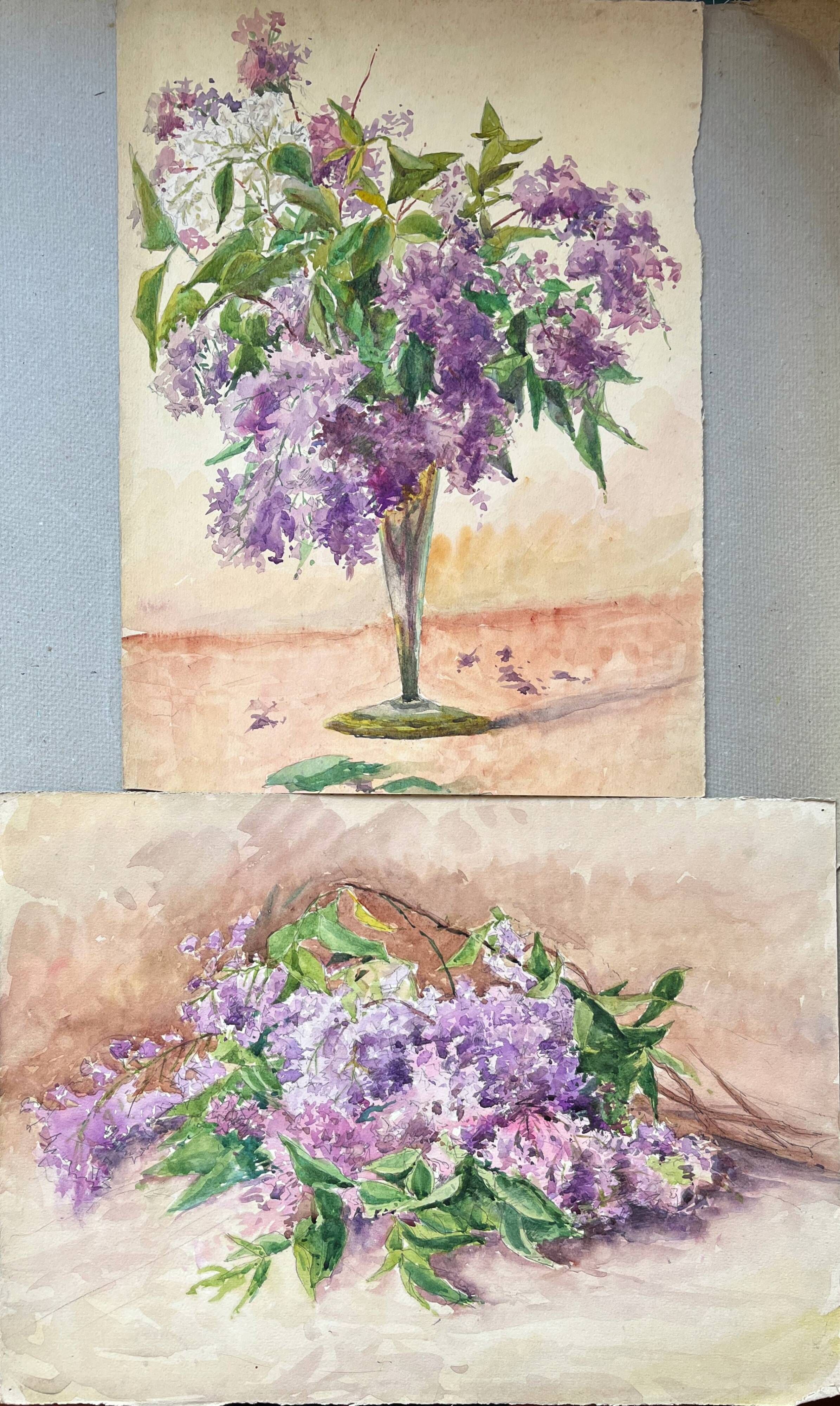 Painting Set of 2 watercolors Jetty/bouquet of Lilac flowers early 20th century