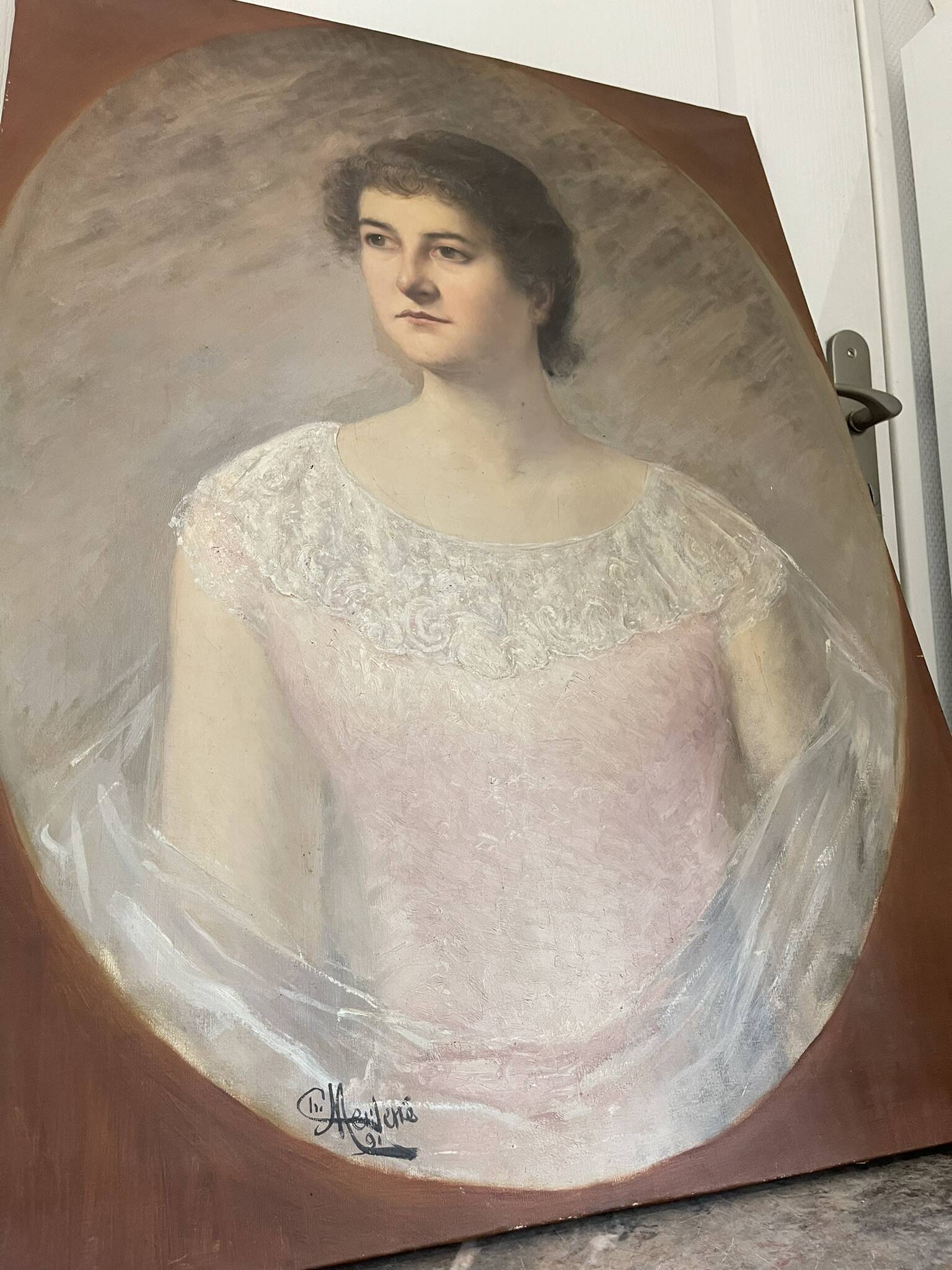 Tableau peinture huile toile portrait femme robe dentelle xixème 19ème merl