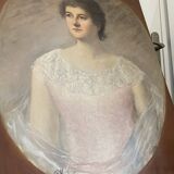 Tableau peinture huile toile portrait femme robe dentelle xixème 19ème merl
