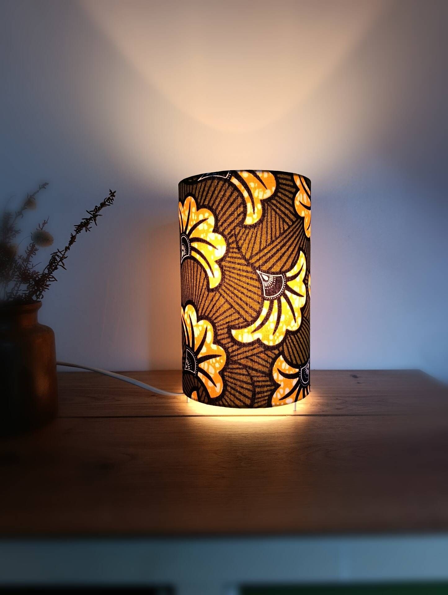 Olive green/yellow ethnic printed flower wax tube lamp