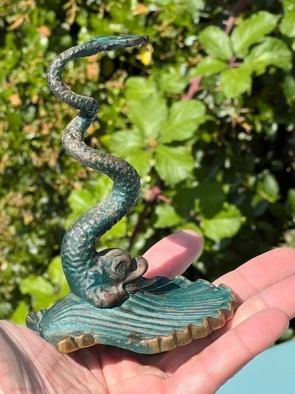 Antique candlestick base – stylised marine fish in patinated bronze