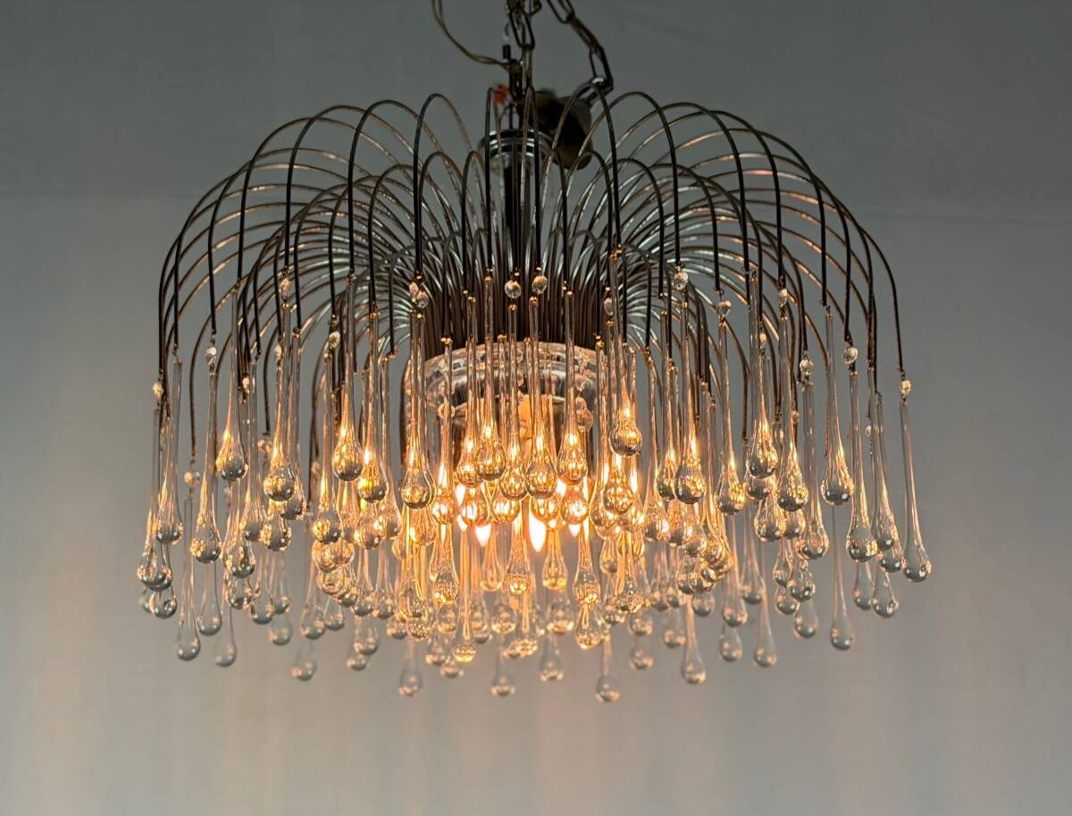 Pair of large chandeliers adorned with glass drops, chrome metal structures, Italy circa 1960.