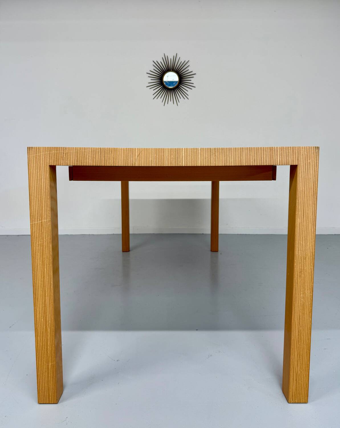 Post-modern striped wood table with drawers, design 80.