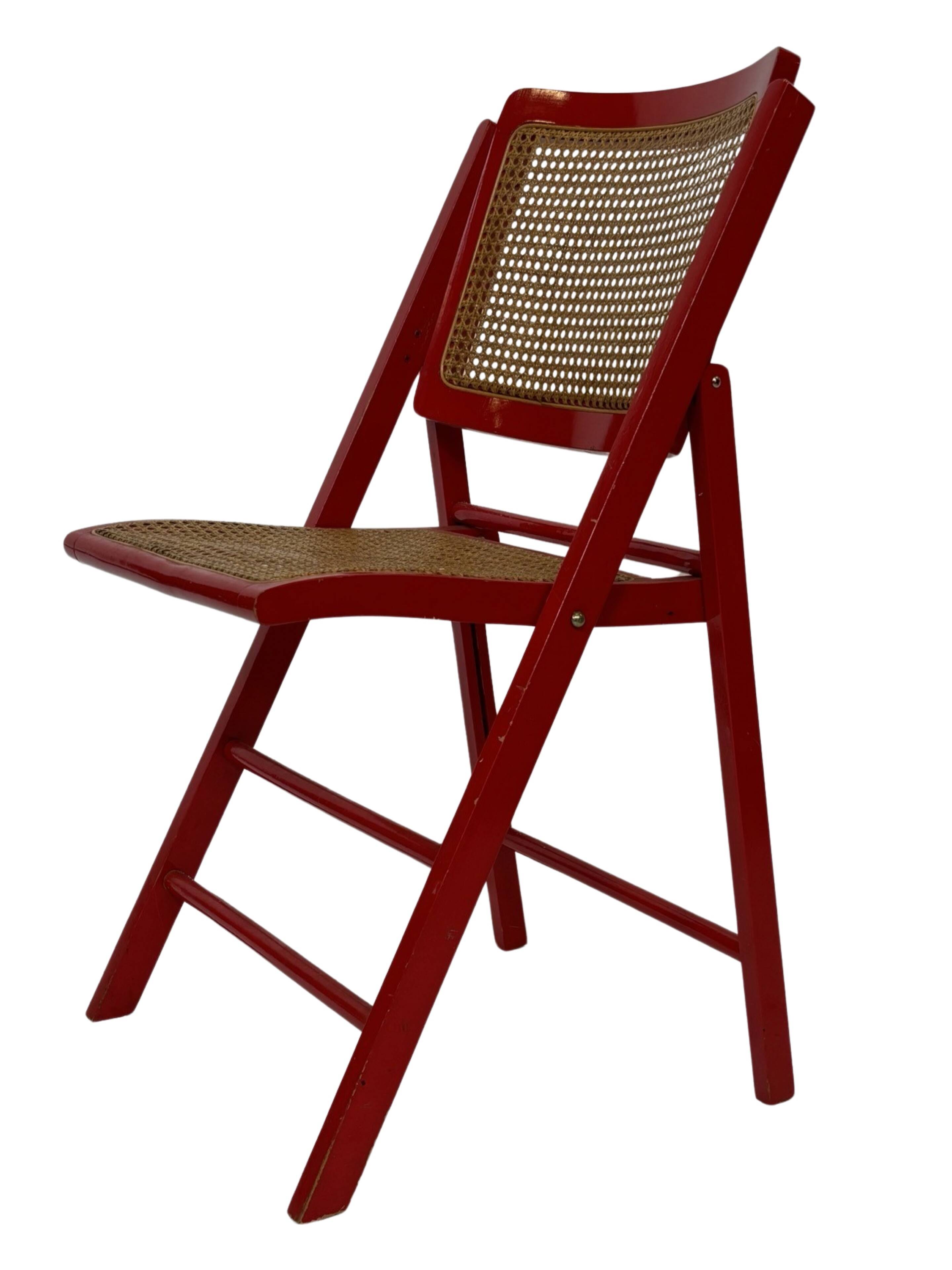 Vintage  Mid-Century Woven Cane Folding Chair  1960s in red cesca style