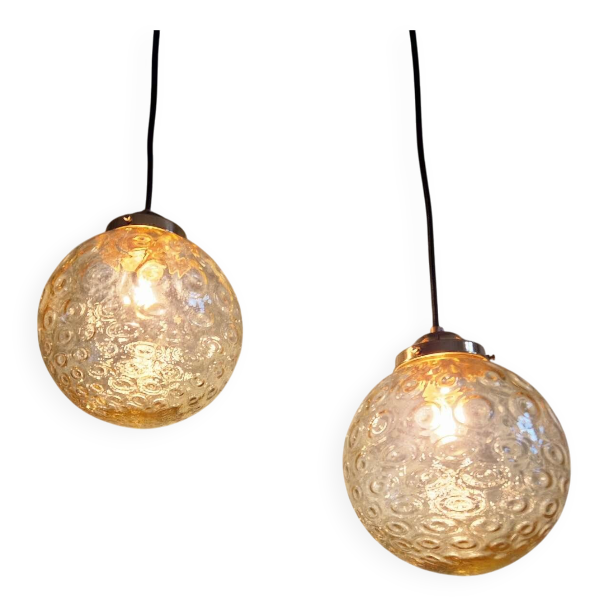 Pair of amber bubble glass pendant lights, 1970s