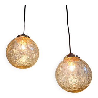 Pair of amber bubble glass pendant lights, 1970s