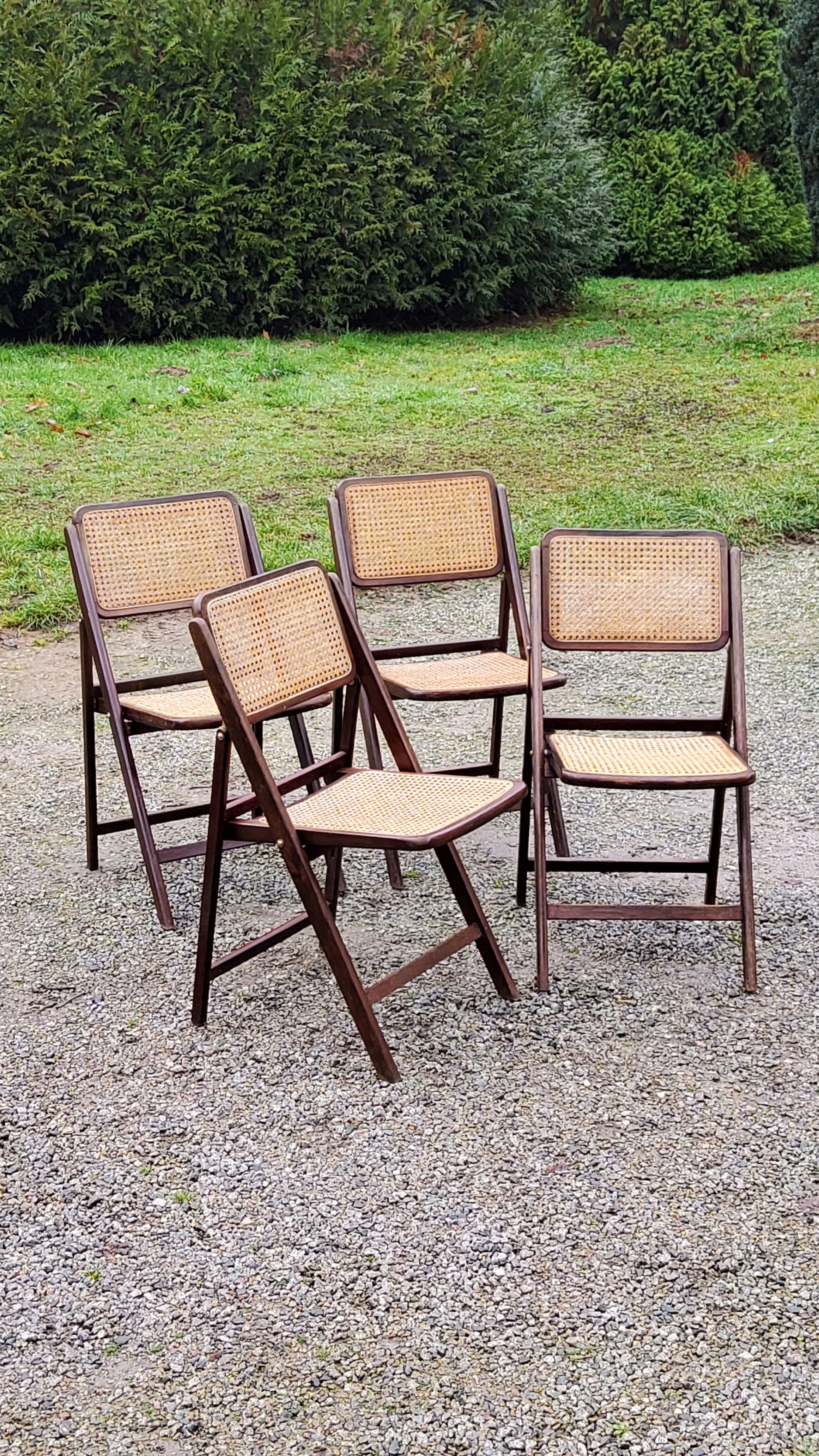 Set of 4 folding chairs wood and canning of the 70s