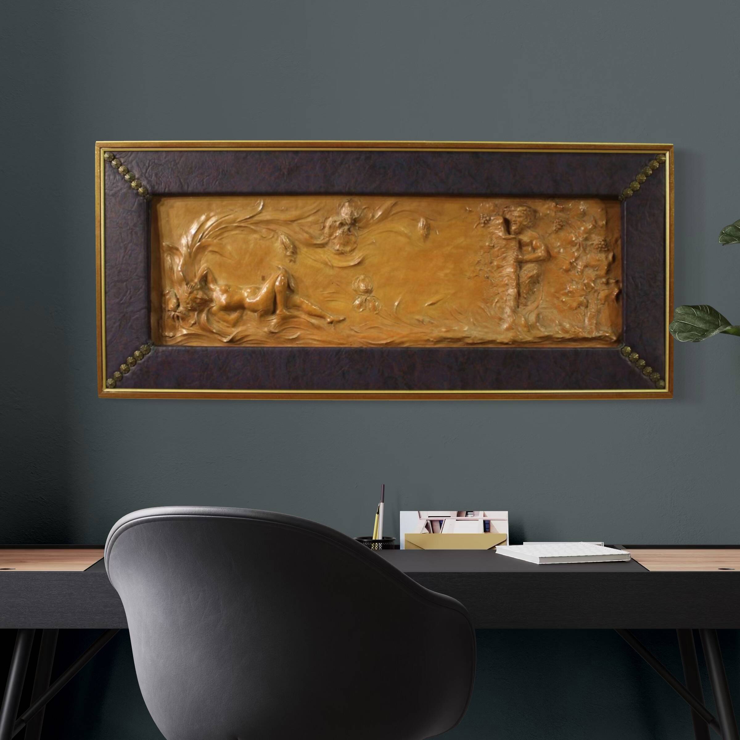 French terracotta bas-relief, Venus with Faun from 20th century