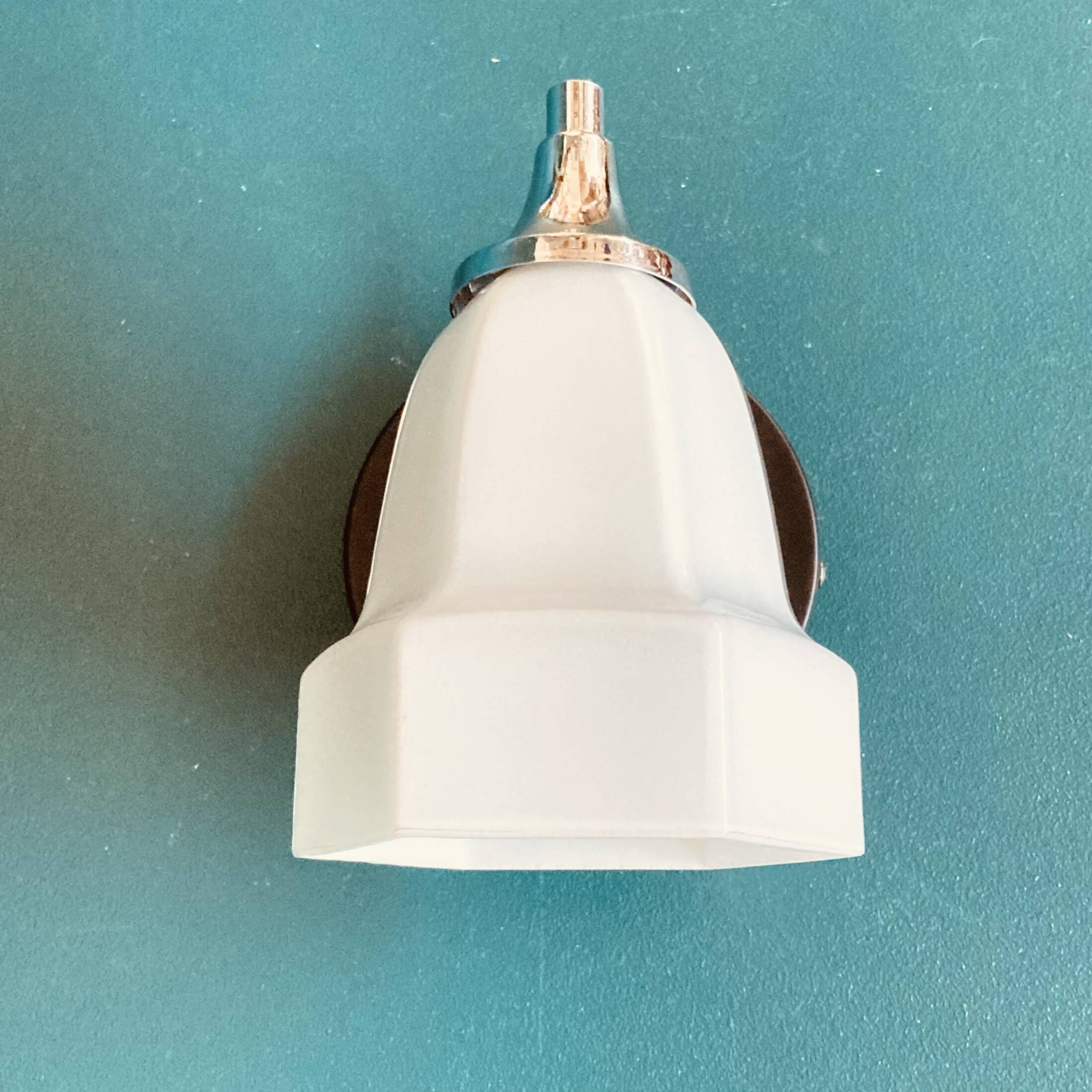 Small vintage chrome metal wall light and faceted white opaline glass tulip