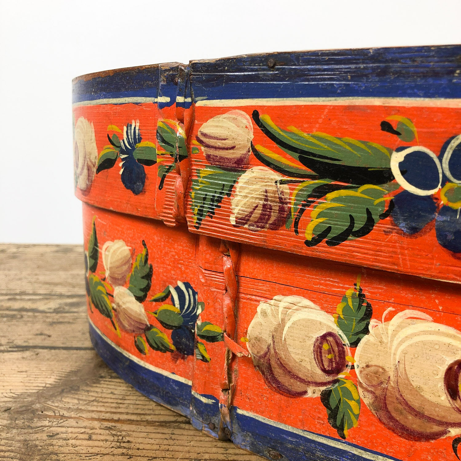 Antique blue orange painted german bride box 19th century folk art