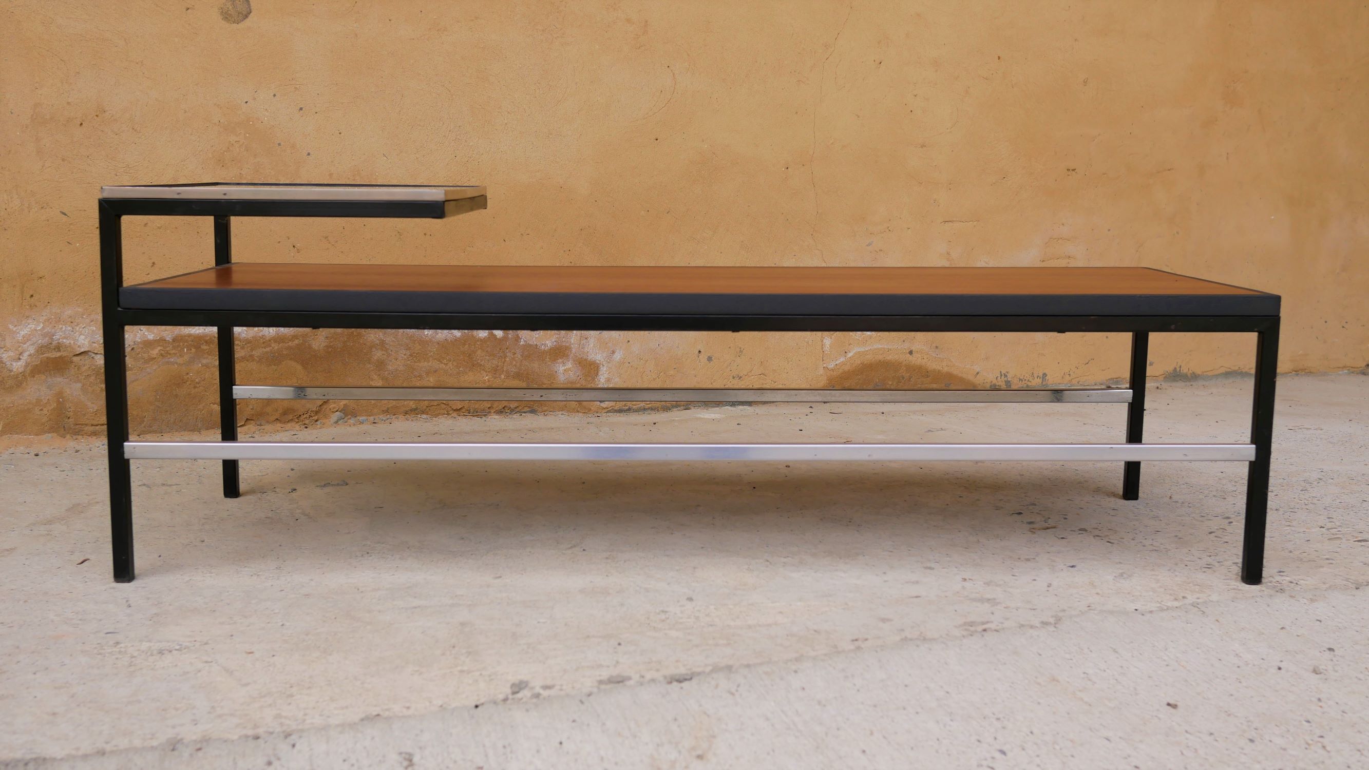 Modernist coffee table vintage wood, metal and glass