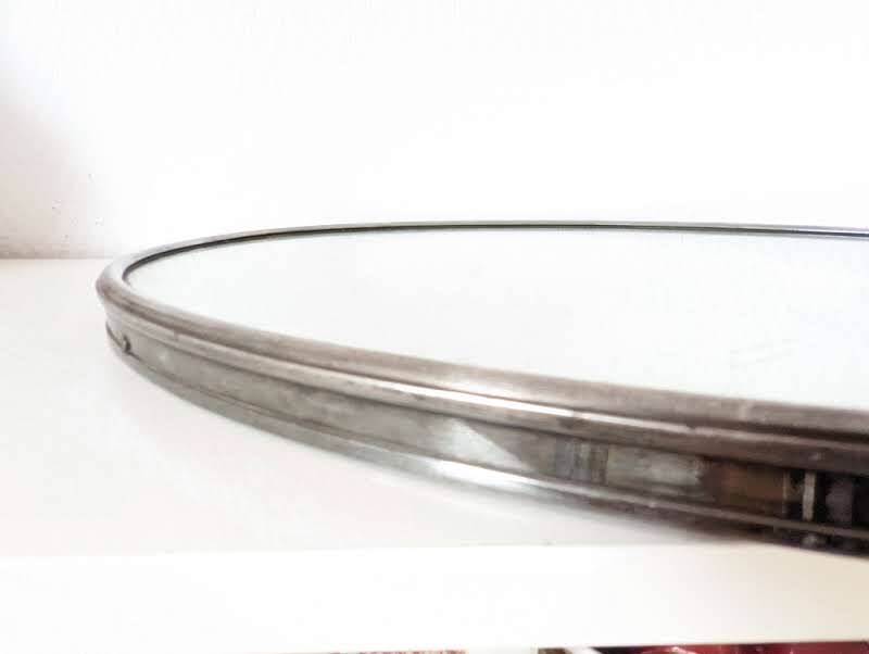 Antique oval mirror tray with metal frame