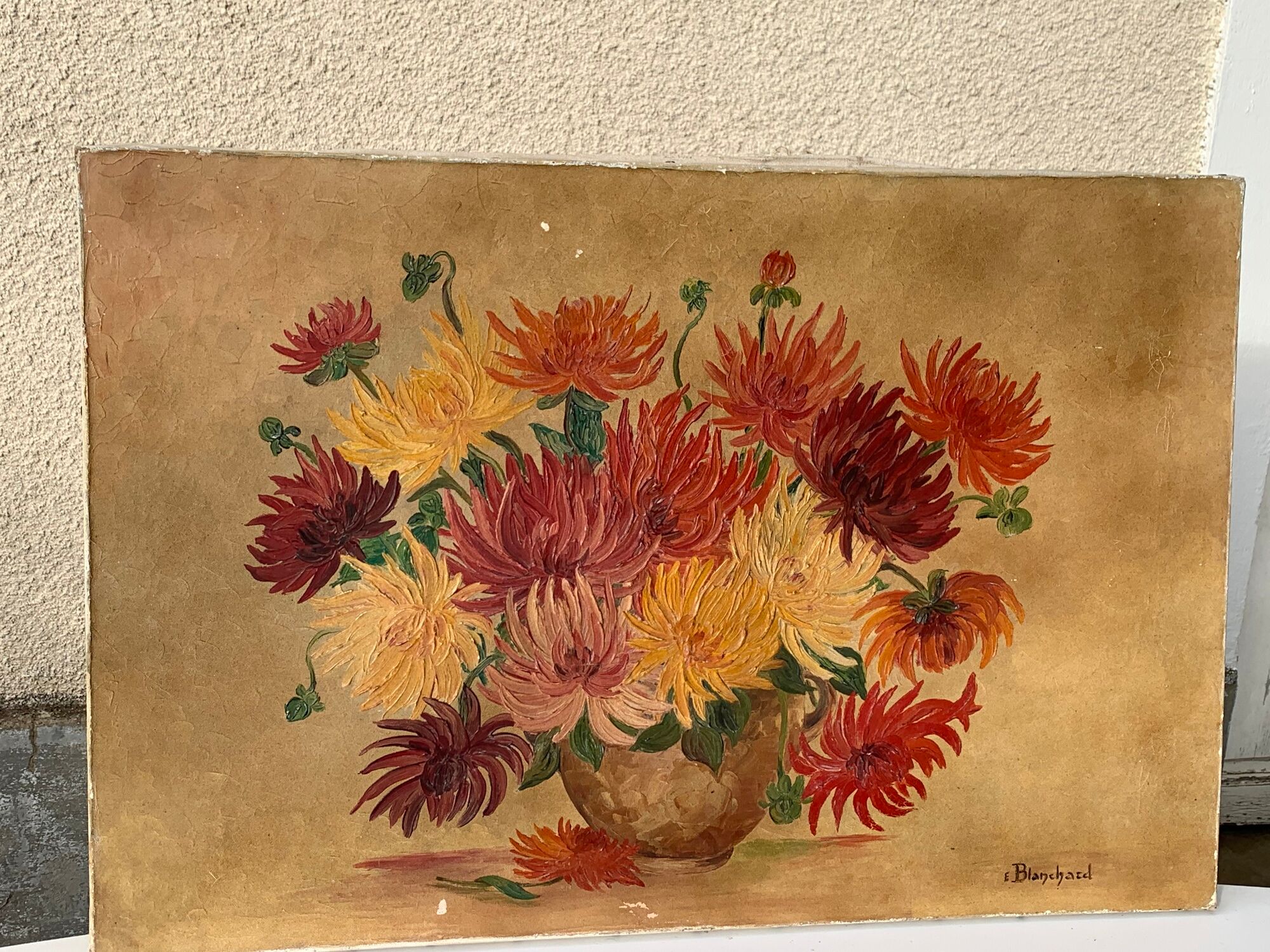 Painting the bouquet of vintage dahlias signed Blanchard