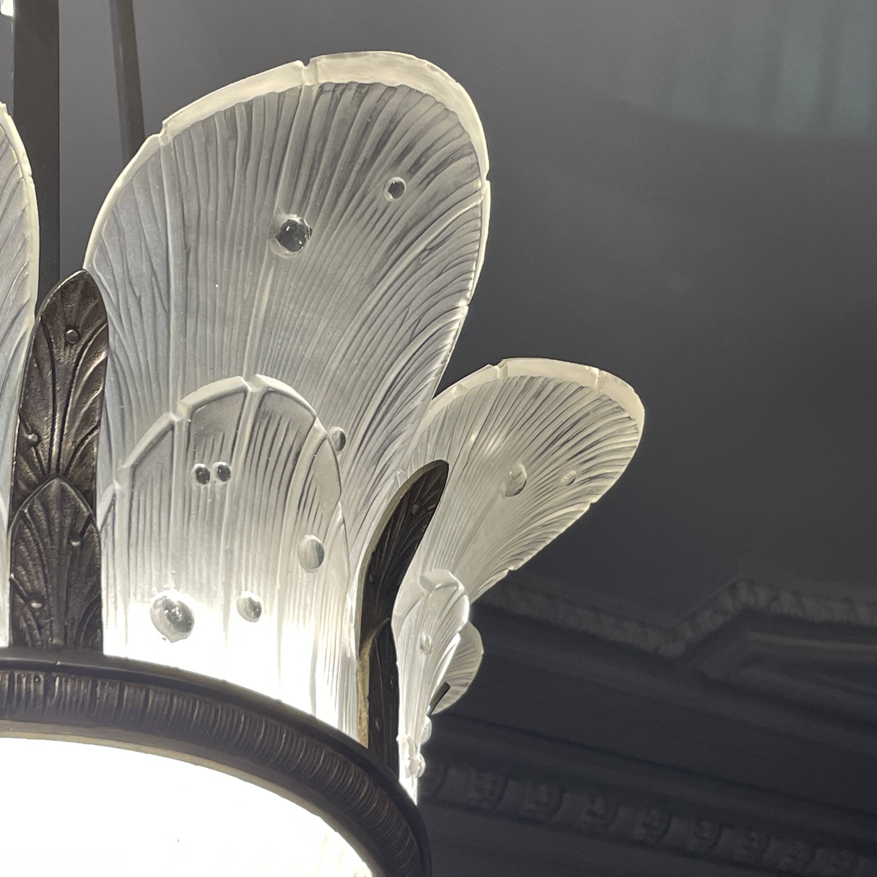 Art Deco Chandelier Sandblasted Pressed Glass, Nickel-plated Bronze 1930