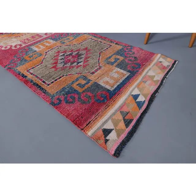 Vintage Turkish Hand-Knotted Wool Cotton Pink Runner Rug 94x358