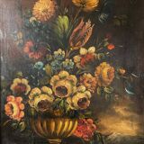 Ecole hollandaise XIXe, huile sur toile. “Bouquet de fleurs sur un entablement”.