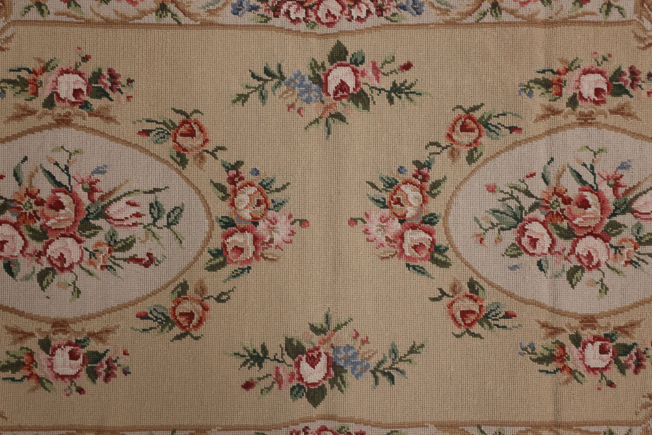 Small Needlepoint Tapestry Area Rug Handwoven Beige Floral Rugs- 76x183cm