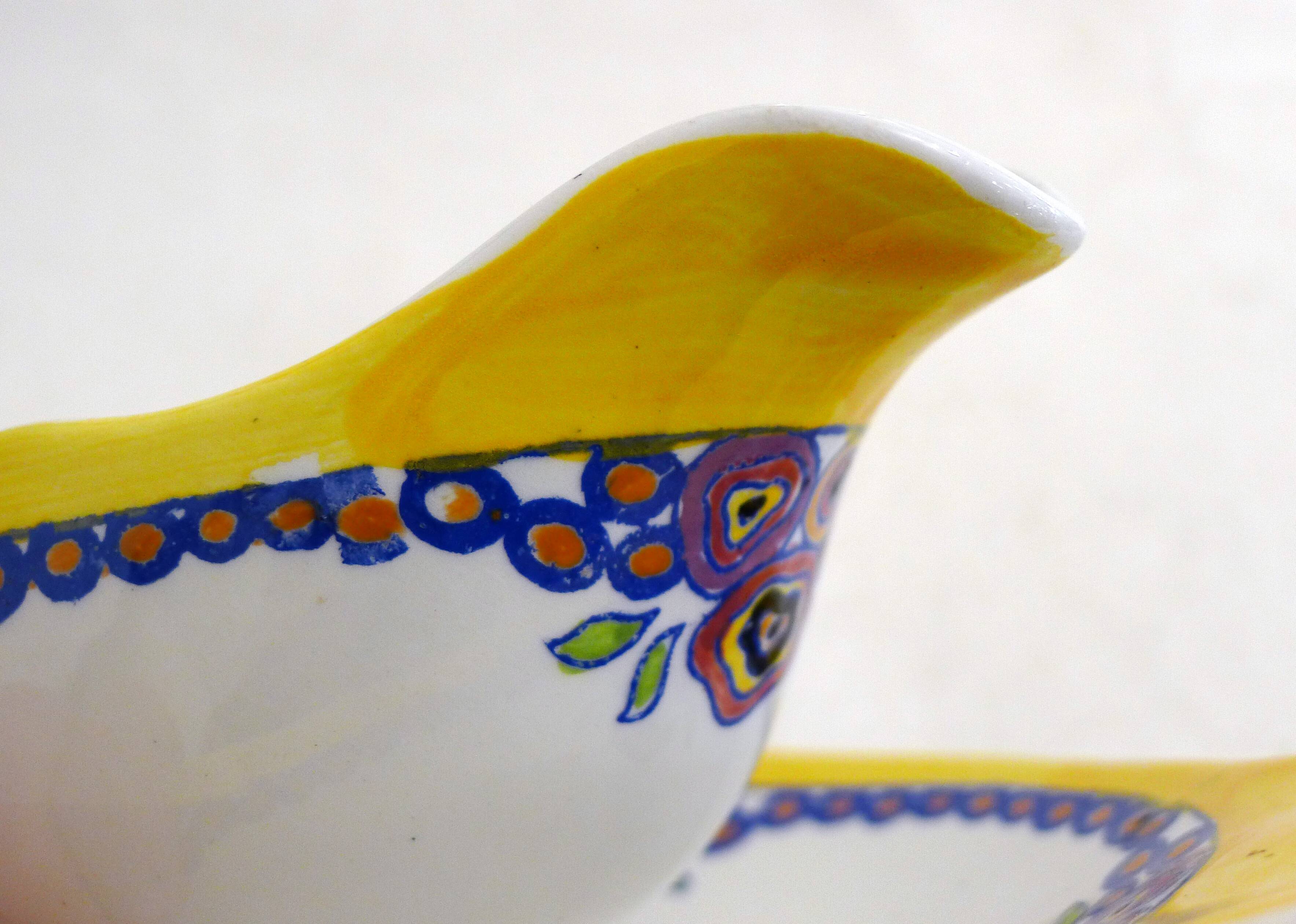 Saucière Art Déco, décor stylisé coloré, faïence Boch la Louvière