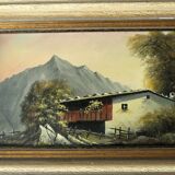 Oil painting on canvas from the 1940s, farm in the alps, not signed, with a wooden frame
