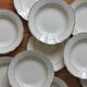 10 vintage ivory earthenware soup plates with gold trim, Digoin Sarreguemines