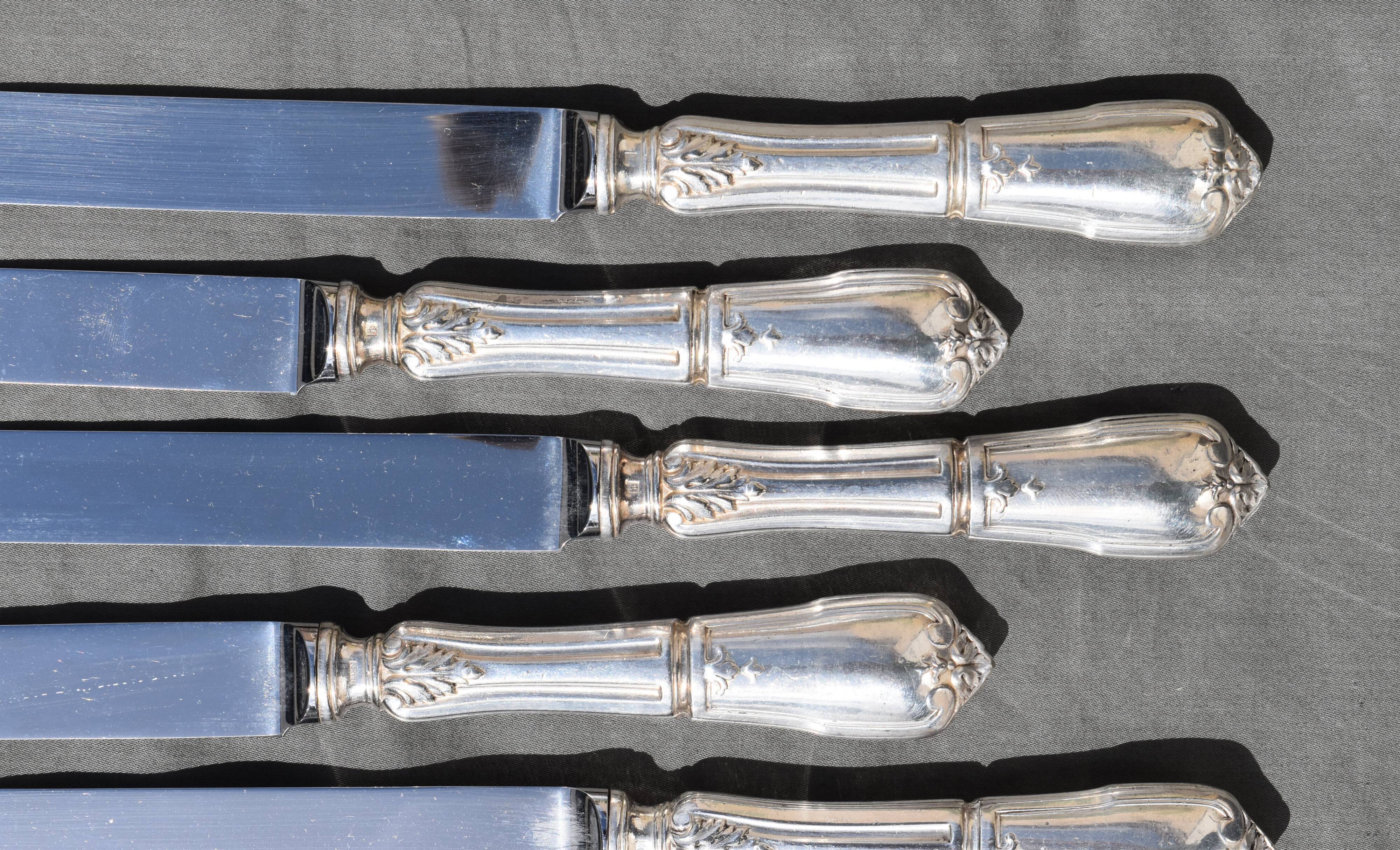 12 table knives in silver metal decor rocaille louis xv