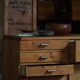 Mid-20th century Art Deco chest of drawers in pine with metal handles, 1940s.