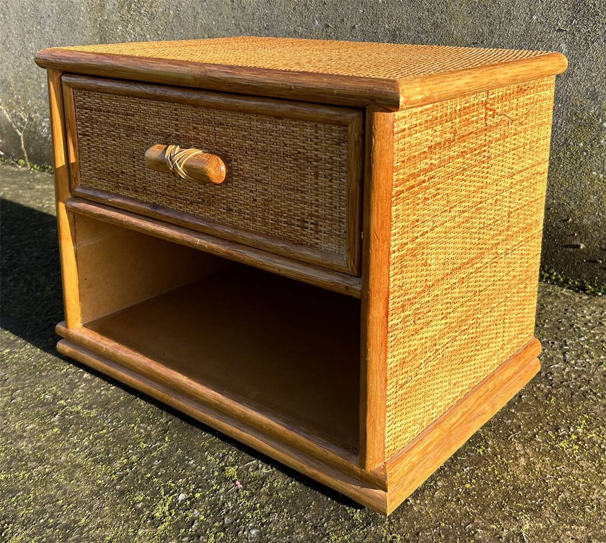 Maugrion bedside table for Roche Bobois, wood and rattan, 1980s