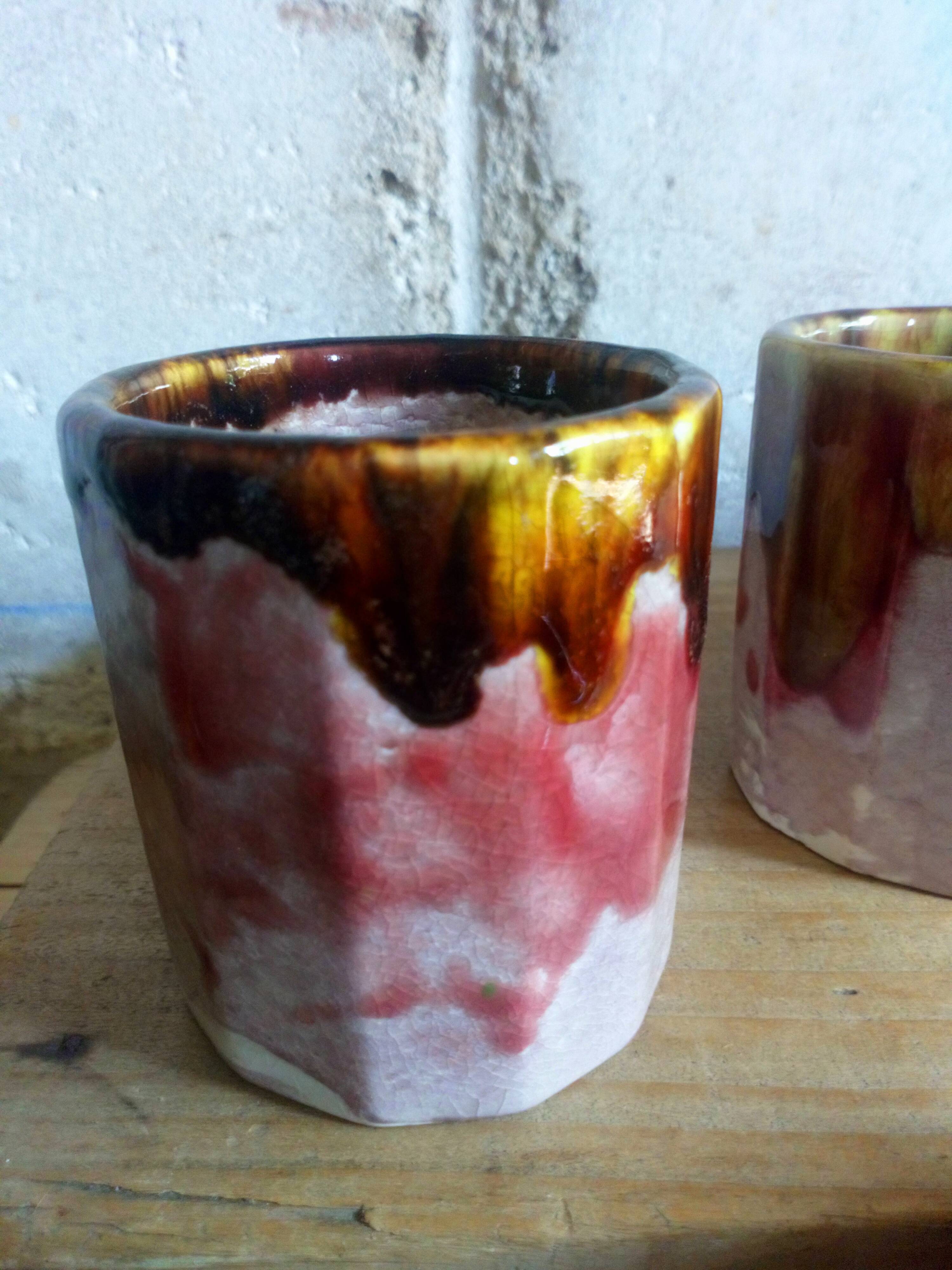 Six old yoghurt pots in enamelled porcelain