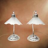 Pair of vintage lamps in chrome metal and frosted textured glass - Massive