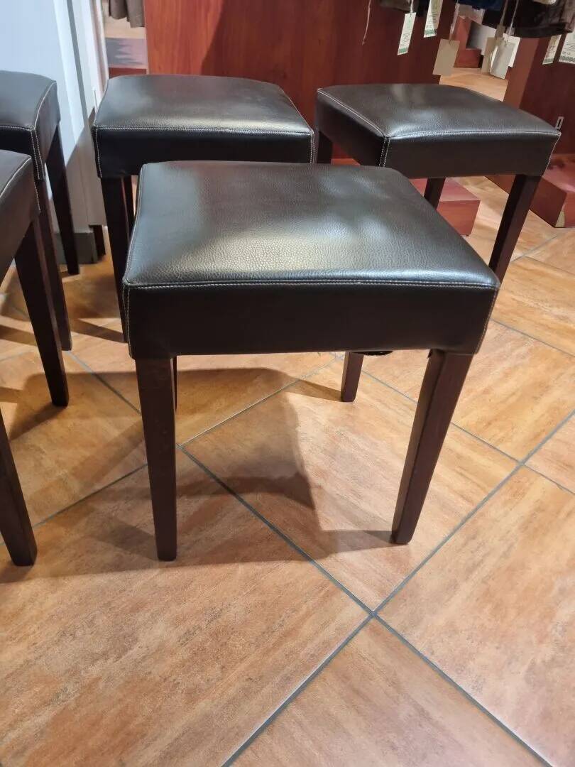 Brown leather square stool with wooden legs – padded seat
