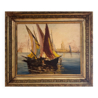 Old Impressionist oil painting of a Mediterranean port.