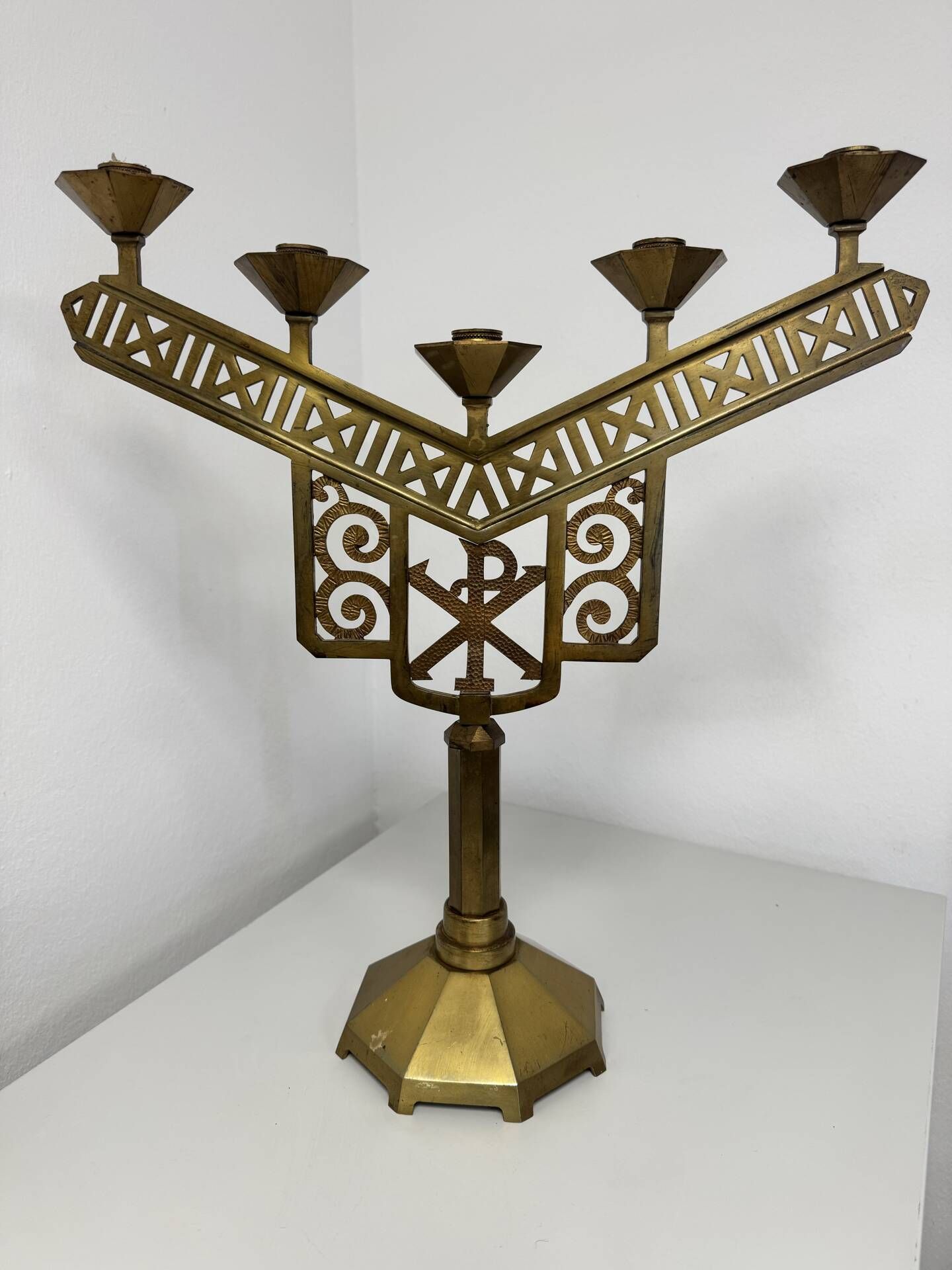 Antique Art Deco Brass Altar Chandelier – 5 Lights – Chrism Symbol