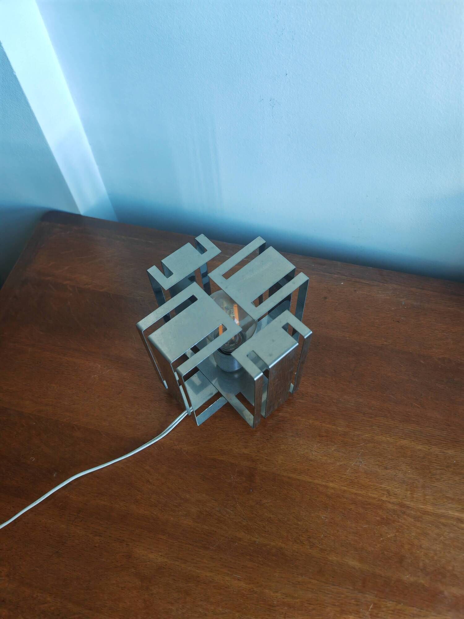 Vintage 70s chrome cube lamp – Brutalist / Space Age style + Bulb