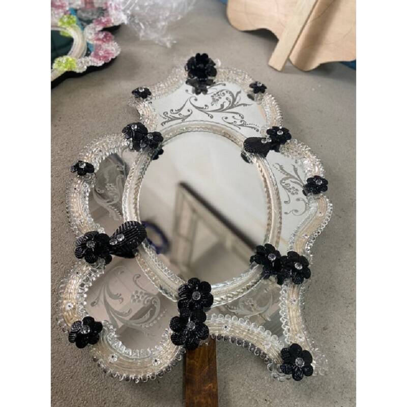 Venetian Black Floreal Hand-Carving Mirror in Murano Glass Style