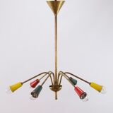 Multicolored vintage brass chandelier, 1950, 6 arms, 60cm in diameter