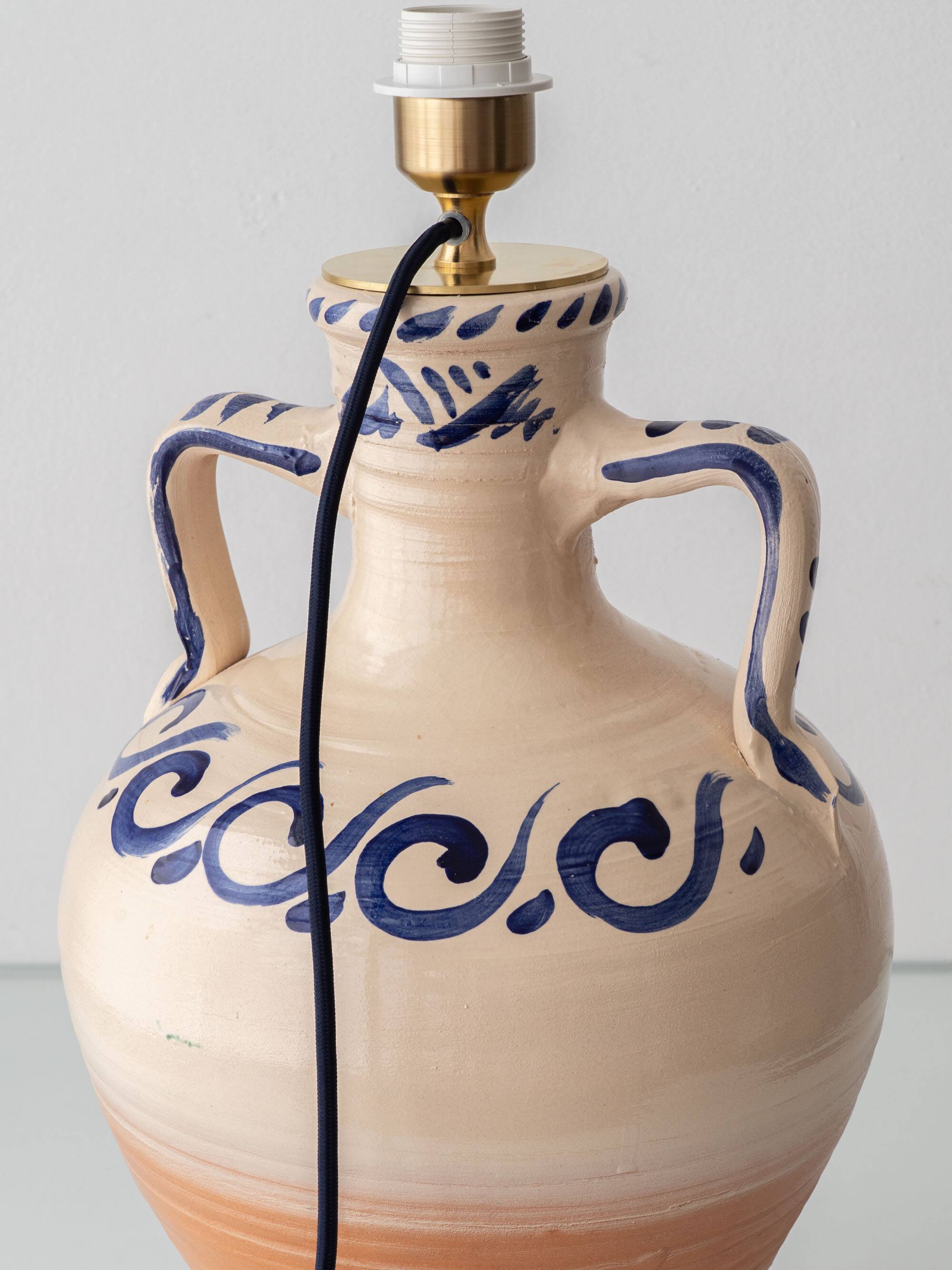 Spanish Revival Terracotta Table Lamp, Cream and Cobalt, New Linen Shade