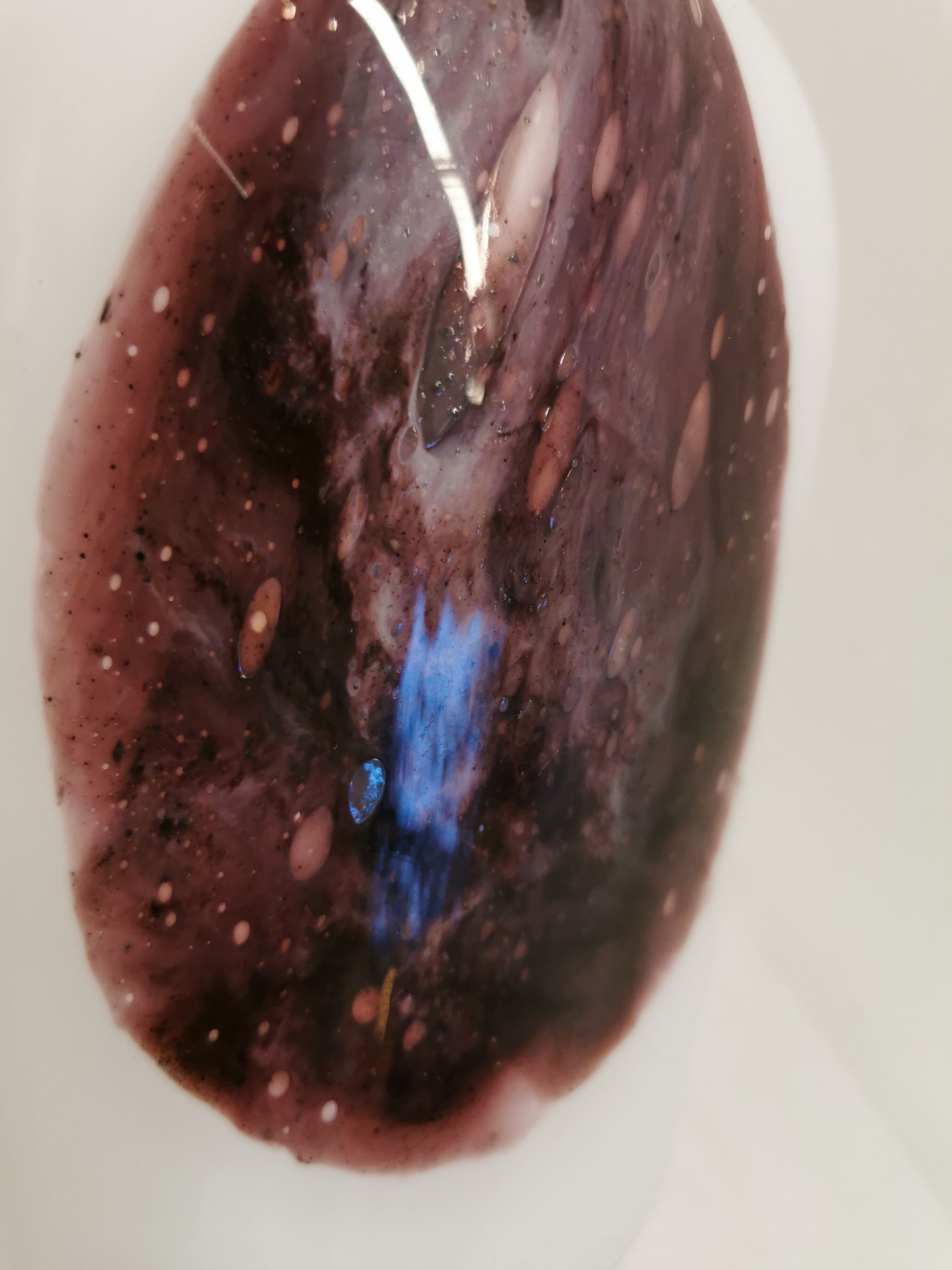 Older table lamp in milky white opaline glass with purple pattern / details from danish holmegaard.