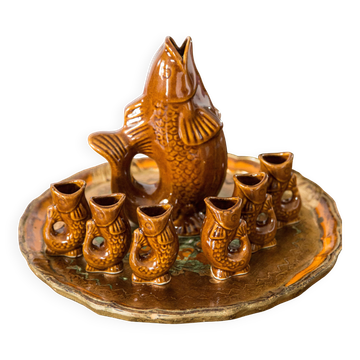 Brown glass and porcelain fish service, mid-20th century, Europe, 1960s