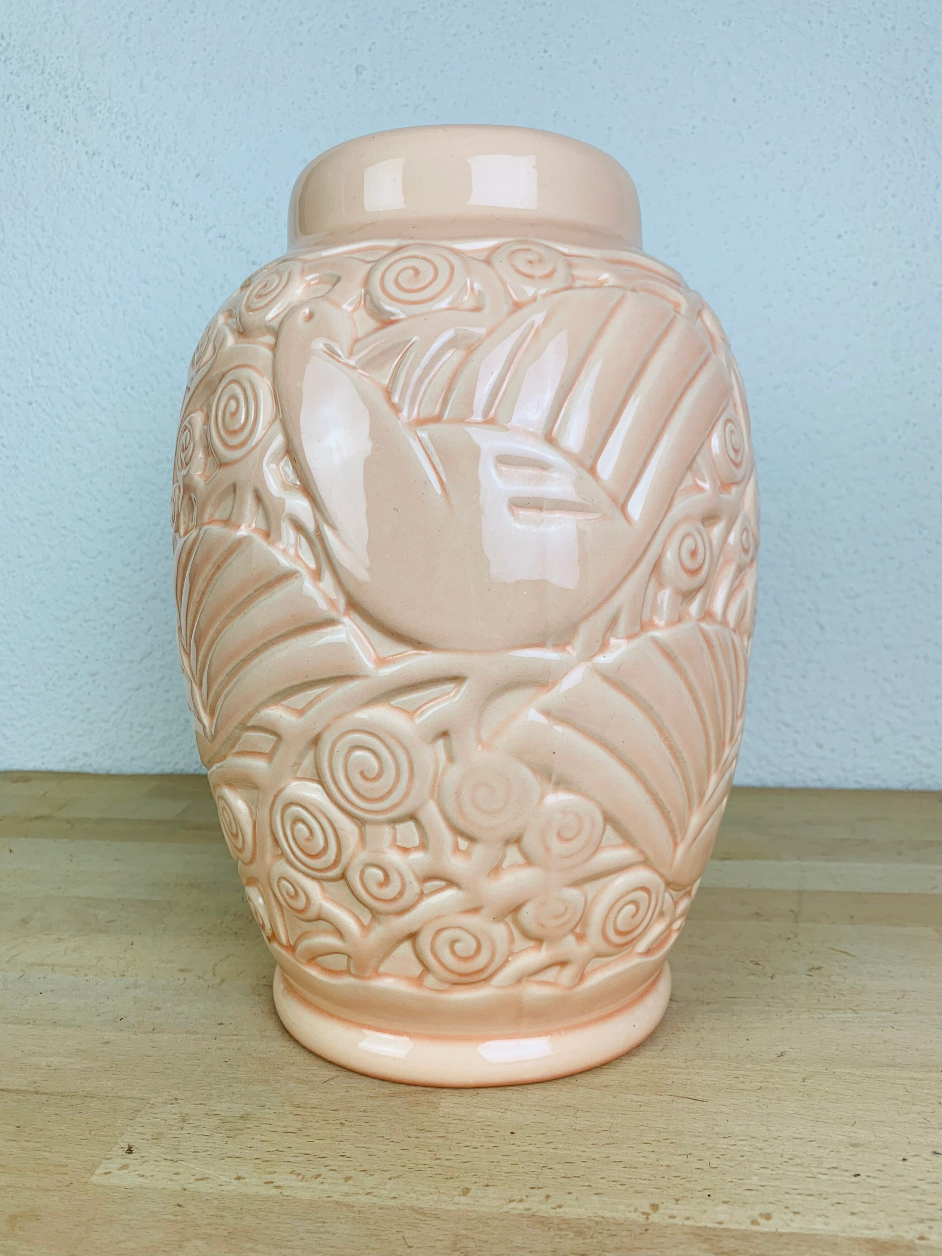 Art deco vase St Clément pigeon model, pink ceramic