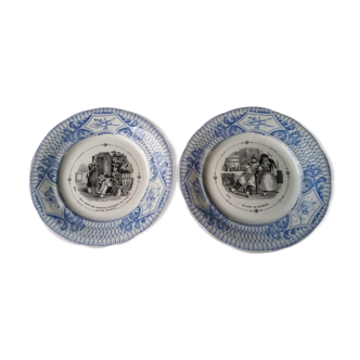 2 assiettes parlantes 20 cm de diamètre porcelaine opaque Creil et Montereau Leboeuf et Milliet