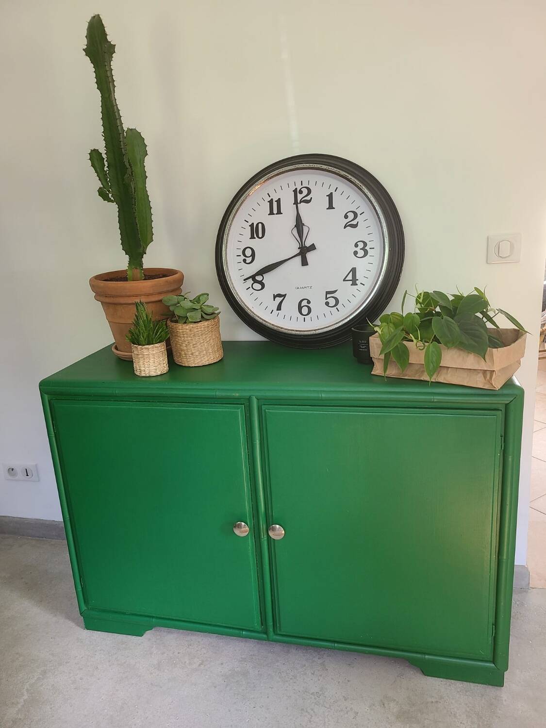 Old sideboard buffet Green wood and bamboo vintage storage unit