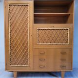 Armoire commode bois et rotin 1960