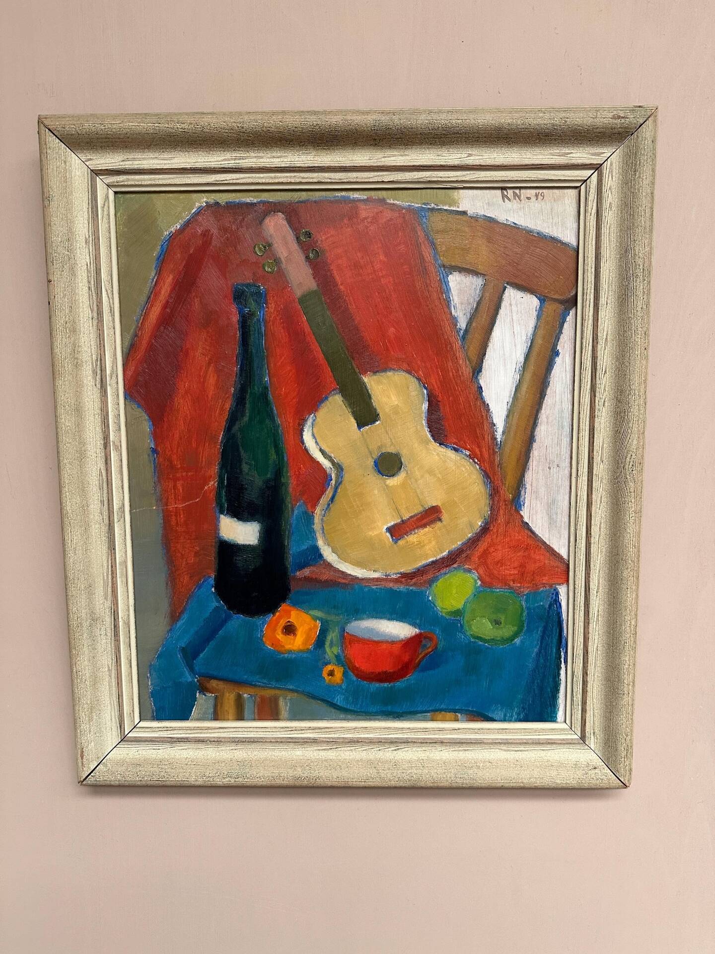 Swedish Oil on Canvas – “Still Life with Guitar and Wine Bottle”