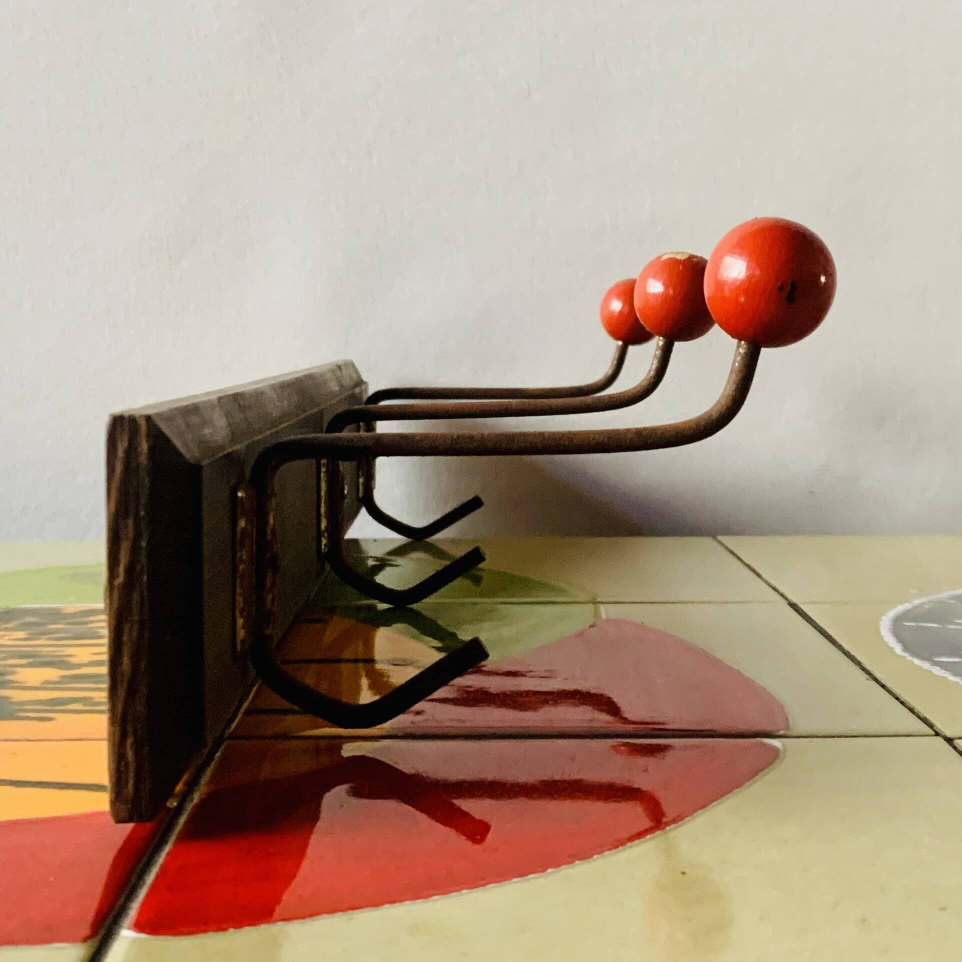 Vintage wooden wall coat rack - triple coat hook with red balls