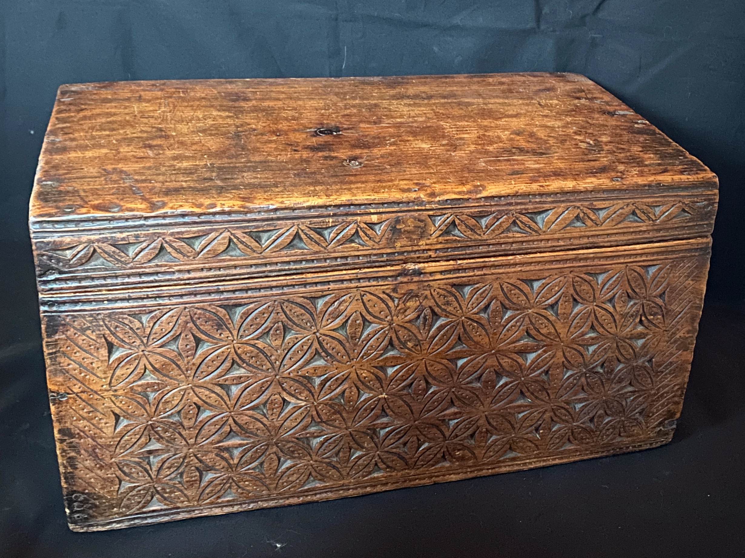 Old wooden chest with carved rosettes regionalism folk art